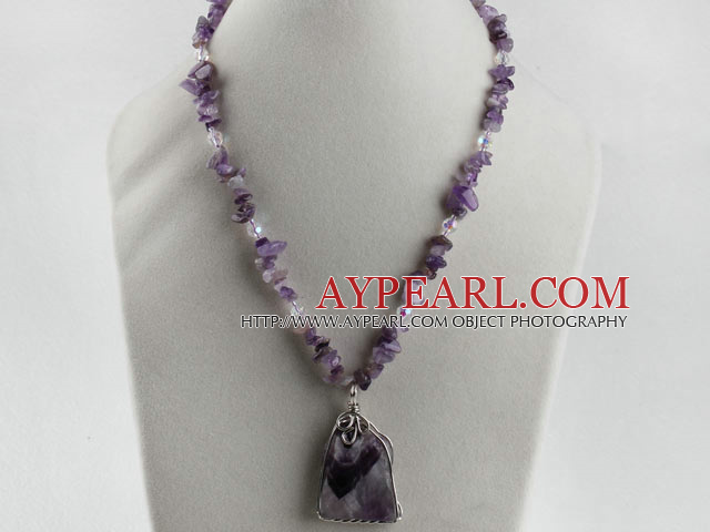 natural amethyst chips necklace with engraved charm