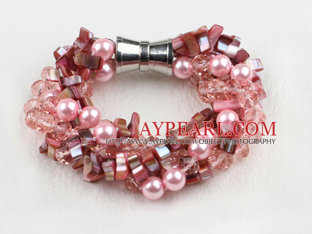 Pink Crystal and Pink Shell Bracelet with Magnetic Clasp