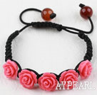 Pink Rose Flower Turquoise Woven Bracelet with Adjustable Thread