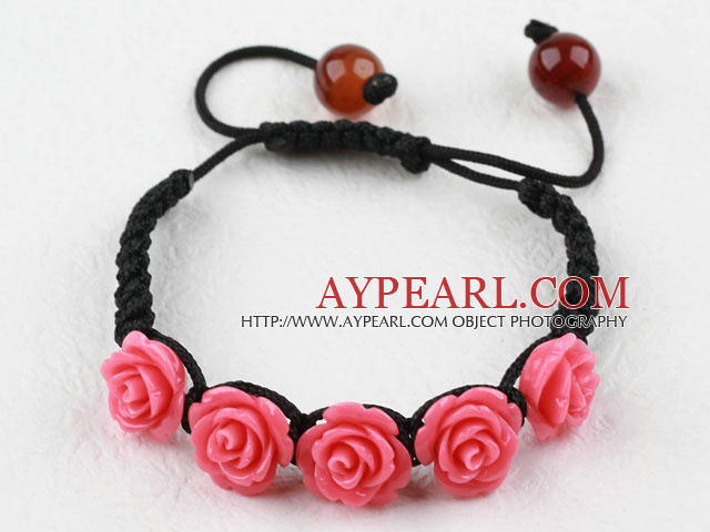 Pink Rose Flower Turquoise Woven Bracelet with Adjustable Thread