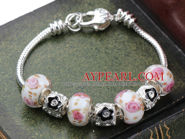 Fashion Style White Colored Glaze with Pink Flower Charm Bracelet