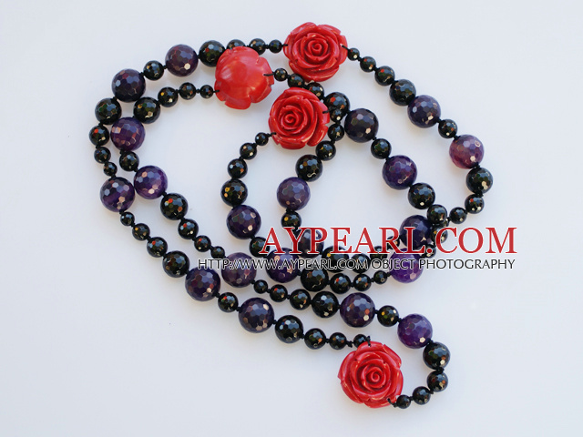 59 inches purple agate rose flower long style necklace