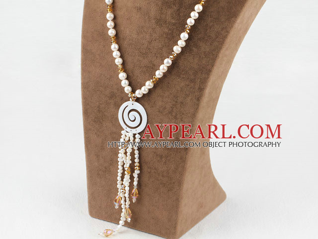 Y Shape White Freshwater Pearl and Crystal Necklace