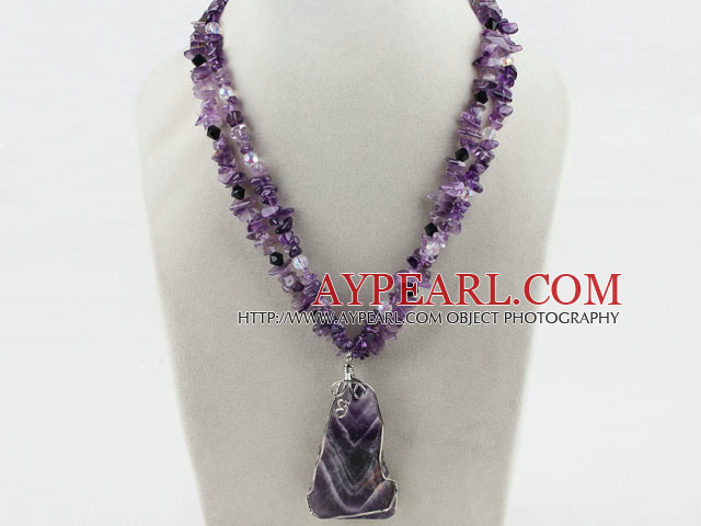 Two Strands Amethyst Chips and Amethyst Pendant Necklace