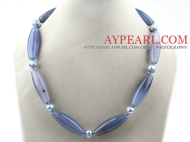 Blue Series Freshwater Pearl and Barrel Shape Blue Agate Necklace