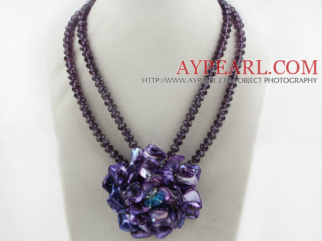 Two Rows Deark Purple Crystal Necklace with Purple Shell Flower