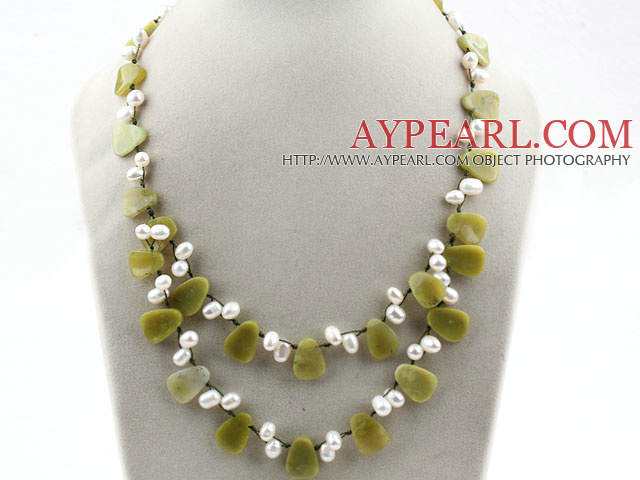 White Freshwater Pearl and Olive Jade Necklace