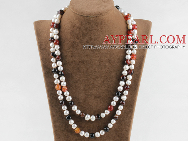 long style 47.2 inches white pearl and agate necklace