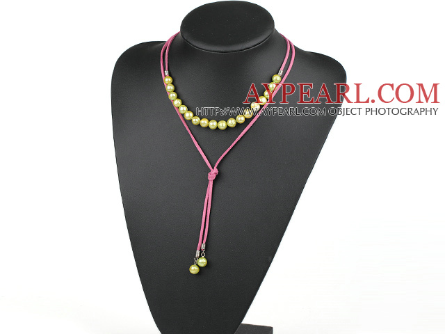 Simple Design Yellow Green Freshwater Pearl Necklace with Pink Cord