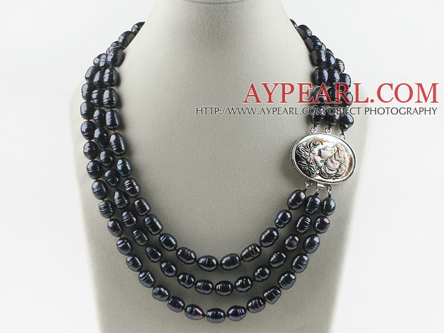 decent three strand black pearl necklace with beauty clasp