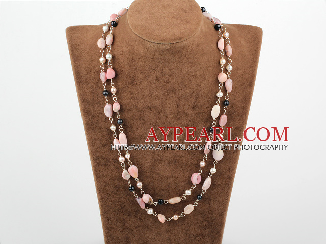 Freshwater Pearl and Pink Opal Long Style Necklace