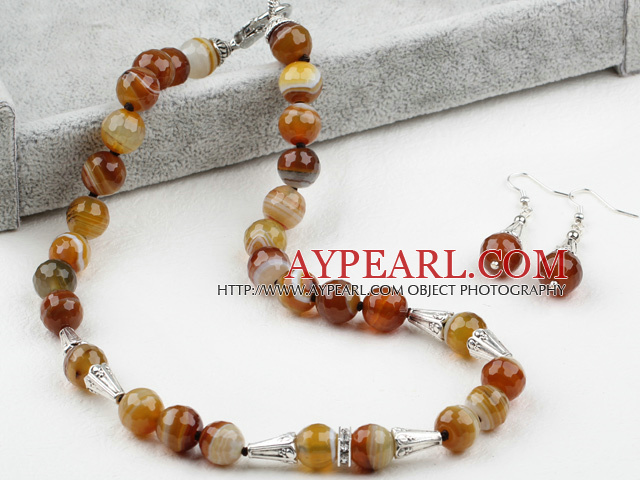 Faceted Brazil Stripe Brown Agate Set ( Necklace and Matched Earrings)
