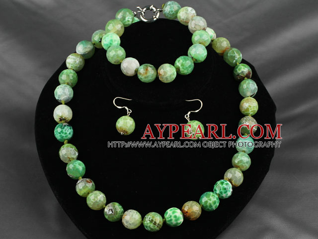 14mm Round Green Burst Pattern Agate Beaded Set ( Necklace Bracelet and Matched Earrings )