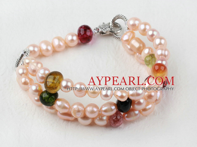 Multi Strand Pink Freshwater Pearl and Colored Quartz Bracelet