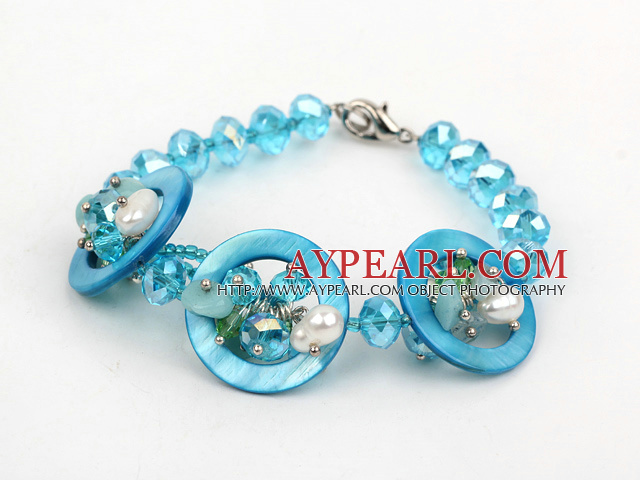 white pearl and blue crystal shell bracelet