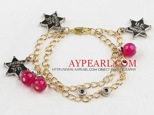 rose color agate and five star charms bracelet on golden color chain