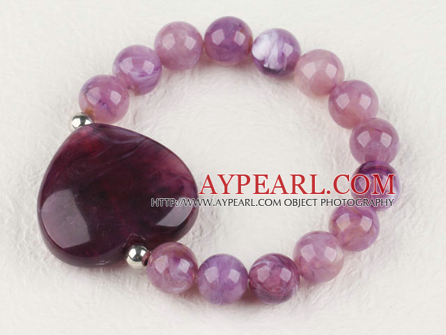 elastic purple acrylic beaded bracelet with heart charm