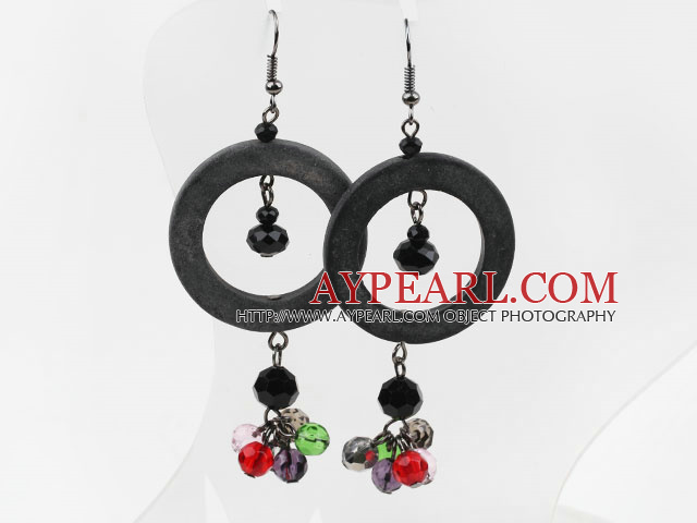 Black Series Donut Shape Black Stone and Multi Color Crystal Earrings