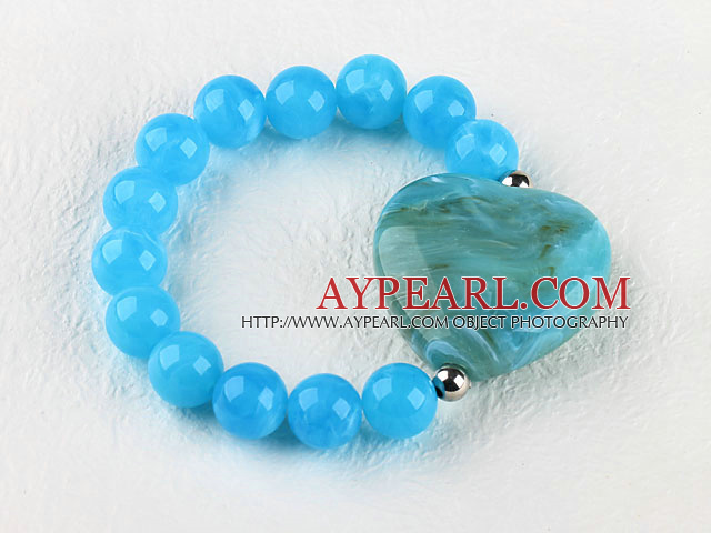 7.5 inches elastic blue acrylic beads bracelet with heart charm