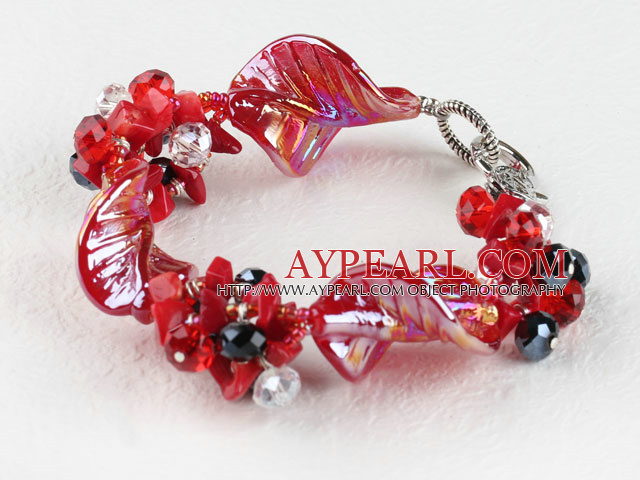 7.5 inches red colored glaze and crystal bracelet with lobster clasp