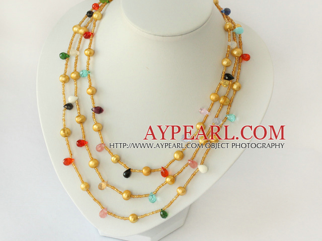 three strand dyed golden color pearl necklace