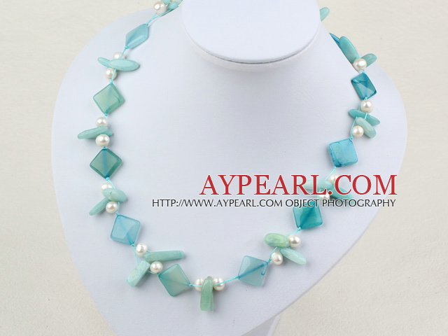 19.5 inches white pearl and blue jade necklace with moonlight clasp