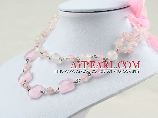 rose quartz necklace with pink ribbon