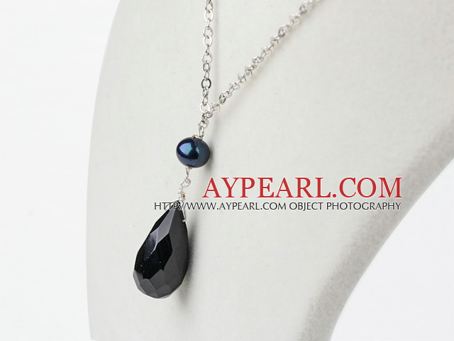 black pearl and drop shaped black agate necklace with metal necklace chain