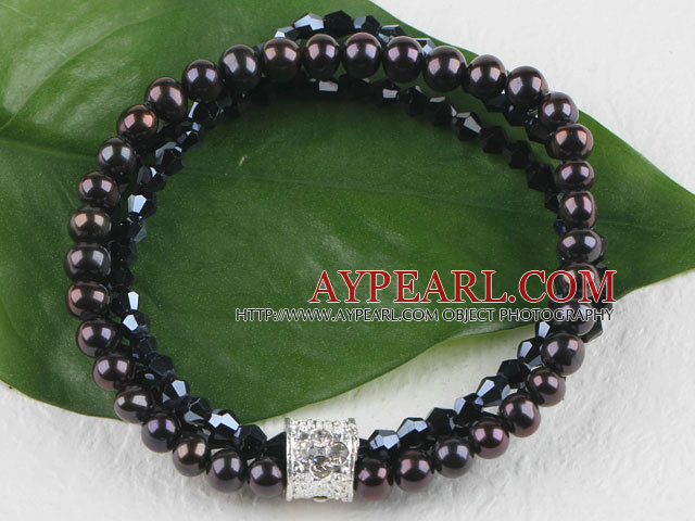 three strand black pearl and crystal bracelet 