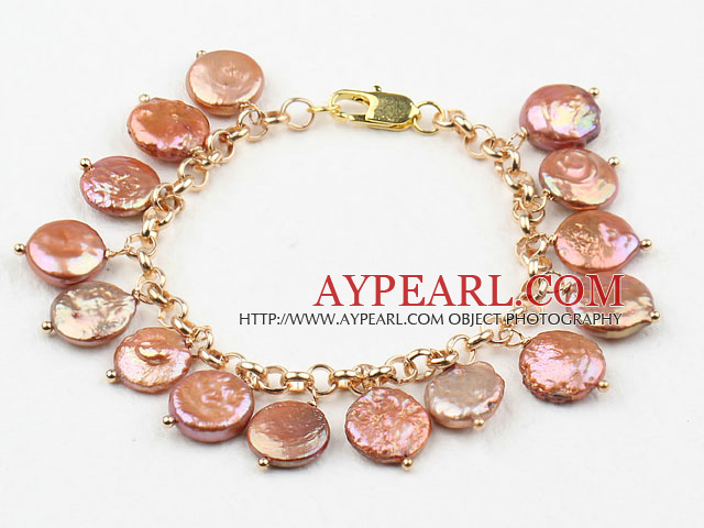 Dark Pink Coin Pearl Bracelet with Yellow Chain