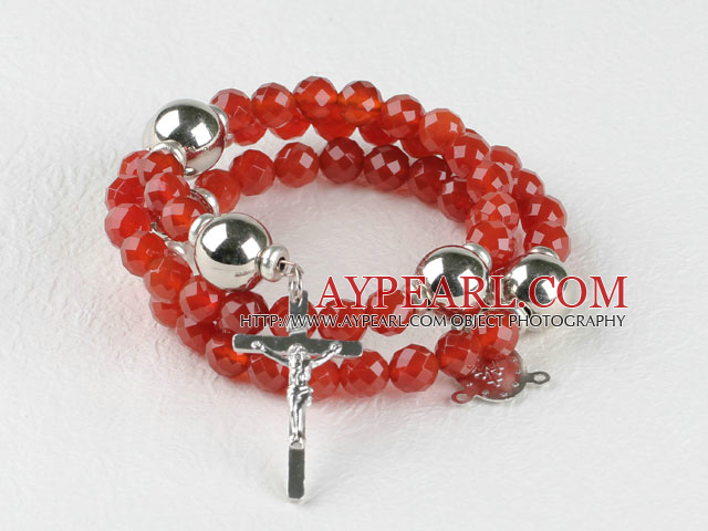 20.5 inches 8mm faceted red agate wrap bangle bracelet with cross charm