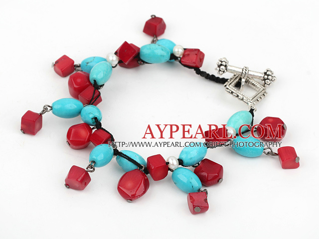 Assorted Turquoise and Red Coral Bracelet with Toggle Clasp