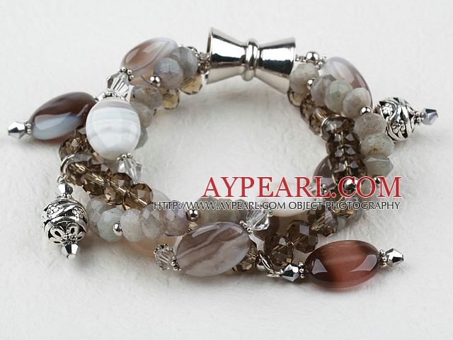Faceted Flshing Stone and Gray Agate Bracelet with Big Magnetic Clasp