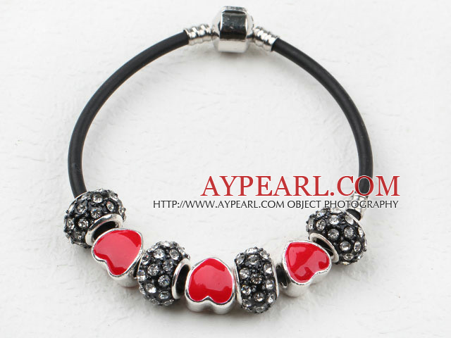 Red Color Heart Shape Accesorries and Black Rhinestone Charm Bracelet