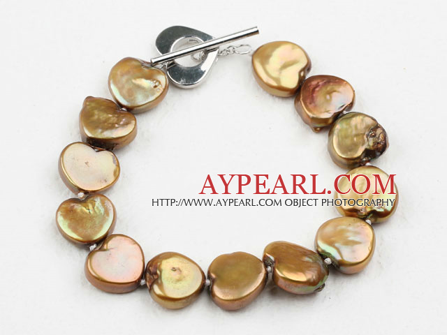 Golden Brown Color Heart Shape Rebirth Pearl Bracelet with Metal Toggle Clasp