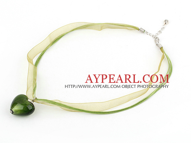 green heart shape colored glaze necklace with ribbon