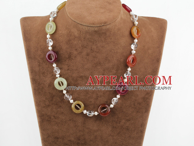 17.5 inches pearl crystal and three colored jade necklace with moonlight clasp