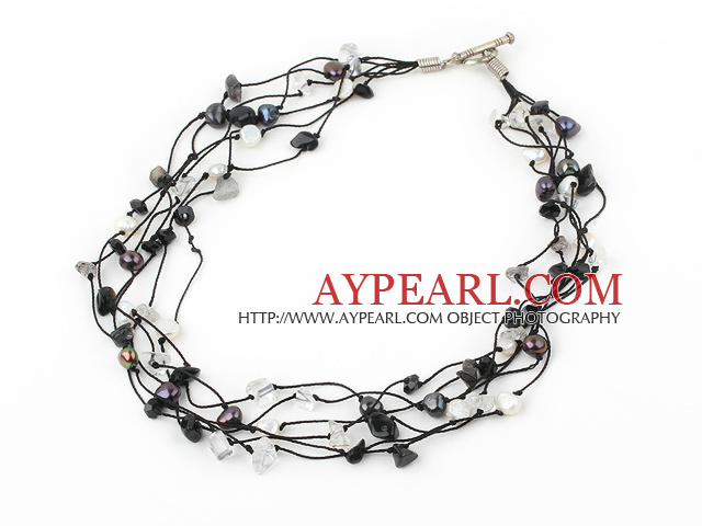 multi strand pearl crystal and agate necklace with toggle clasp