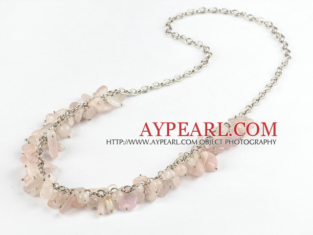 Assorted Rose Quartz Chips Necklace with Metal Chain