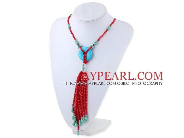 Fashion Style Red Coral Y Shape Tassel Necklace with Turquoise Donut