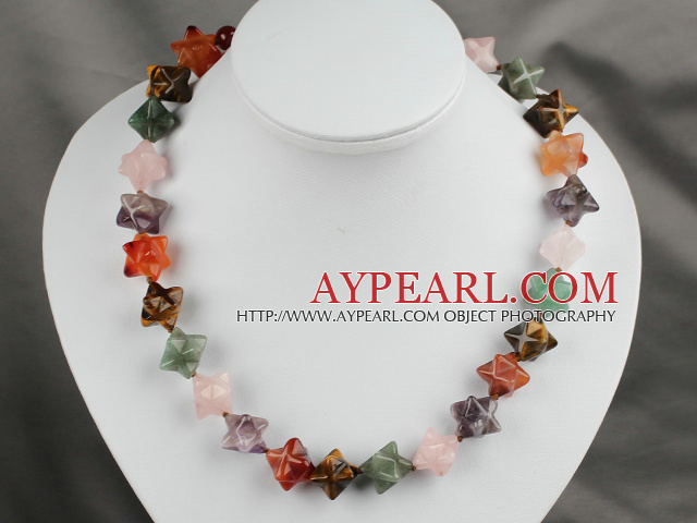 Multi Color Three-dimensional Star Shape Agate Tiger Eye Aventurine Amethyst and Multi Stone Necklace