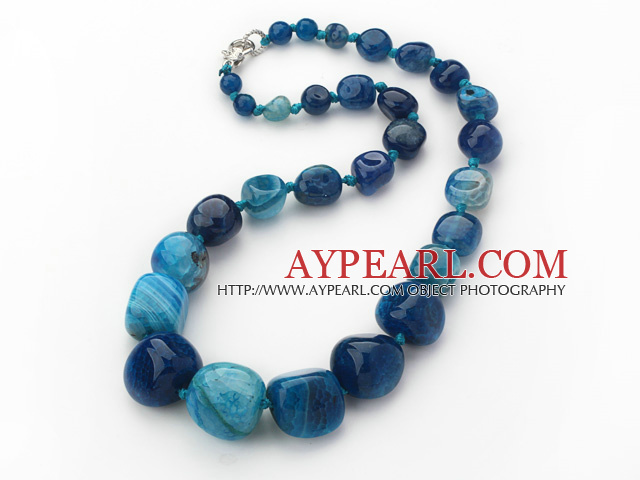 Single Strand Fillet Dark Blue Brazil Burst Pattern Agate Knotted Necklace