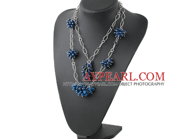 Two Layer Faceted Blue Agate Cluster Necklace with Metal Chain