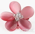 Peach Pink Color Cats Eye and Clear Crystal Flower Brooch