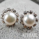 Classic Design Natural White Freshwater Pearl Studs with Rhinestone