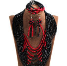 Splendid 8-Row Black & Red Crystal Beads African Wedding Jewelry Set (Necklace, Bracelet & Earrings)