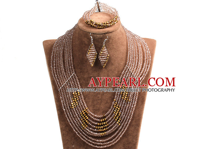 Vacker design Multi Layer Brown & Golden kristall pärlor afrikansk Bröllop Smycken Set (Halsband, armband & örhängen)