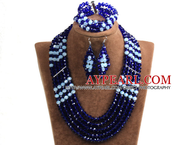 Vintage Style Albastru inchis & White margele de cristal din Africa costum Set bijuterii (colier, bratara si cercei)