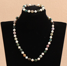 Graceful 7-8mm Natural White Freshwater Pearl Indian Agate Party Jewelry Set (Necklace & Bracelet)
