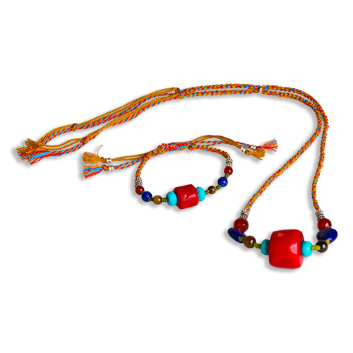 Tibetan Style Mystical Braided Coral and Lapis Lazuli Bracelet & Necklace Set